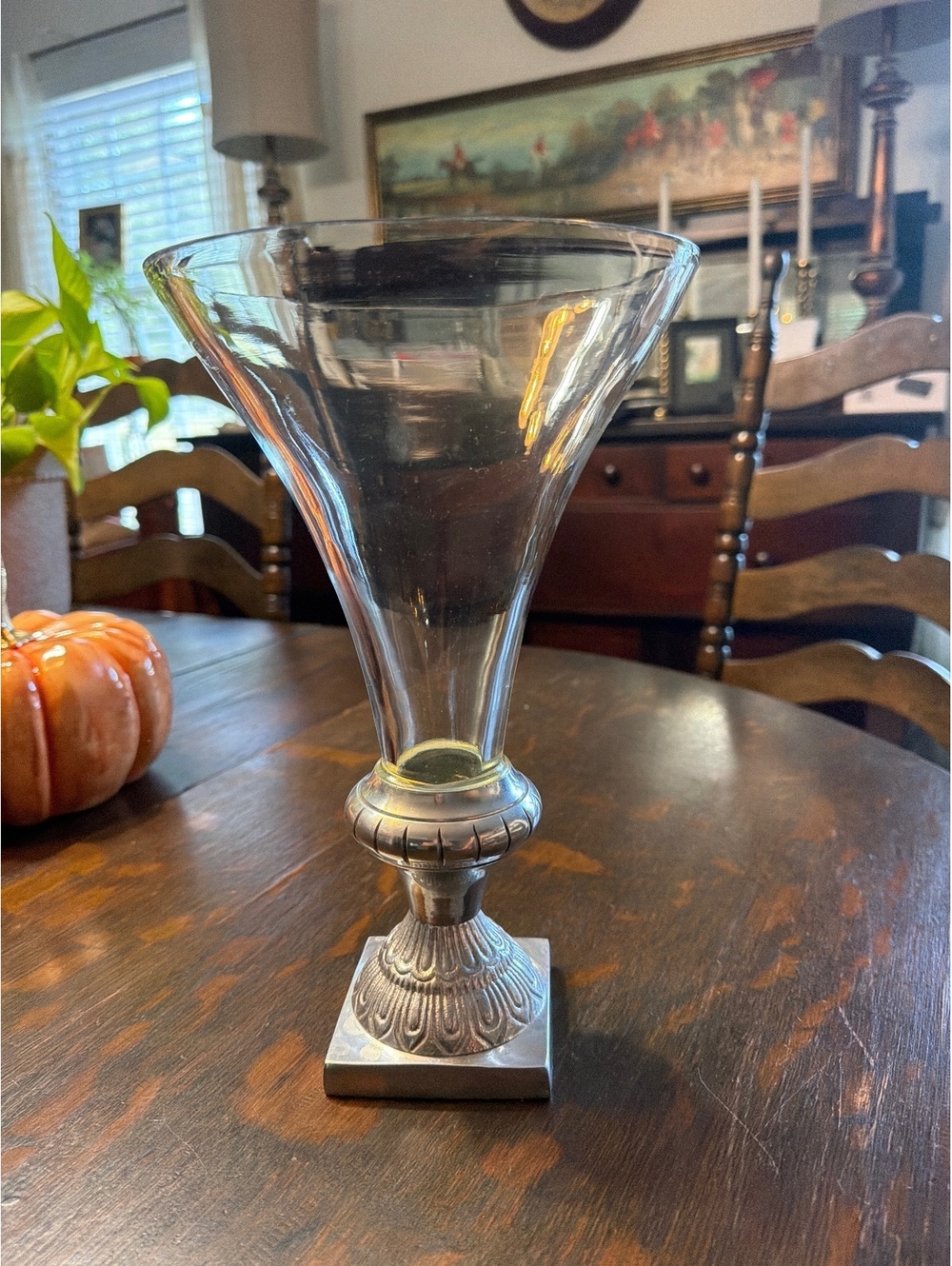 Vintage Clear Glass Table Vase with Decorative Silver Base